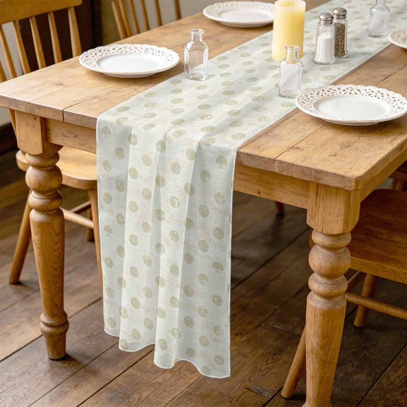 Green Beige Polka Dots Spots 4.5ft Cheesecloth Table Runner for Wedding 19"x55", Abstract Modern Minimalist Fade Texture Kitchen Dinner Sheer Tulle Chiffon Dresser Scarf, Holiday Party Decorations