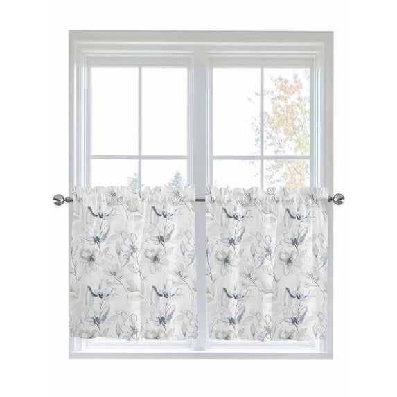 Green Beige Spring Floral 2 Panel Kitchen Curtains for Small Windows, Luxury Botanical Summer Bathroom Tier Curtain, Short Window Treatment for Bedroom/Living Room 55"x24"