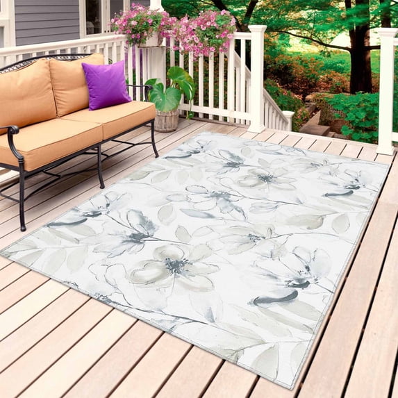 Green Beige Spring Floral Outdoor Rug 3x5 Ft, Non Slip Washable Area Rug, Luxury Botanical Summer Patio Rugs Carpet Runner, Large Floor Mat for Indoor/Outdoor Deck Porch Camping