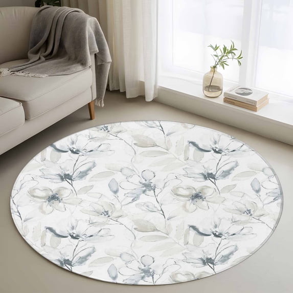 Green Beige Spring Floral Round Area Rug 4Ft Washable Circle Rugs for Bedroom Dining Room, Luxury Botanical Summer Non-Slip Carpet Floor Mats Indoor Outdoor Carpet Runner Aesthetic Home Decor