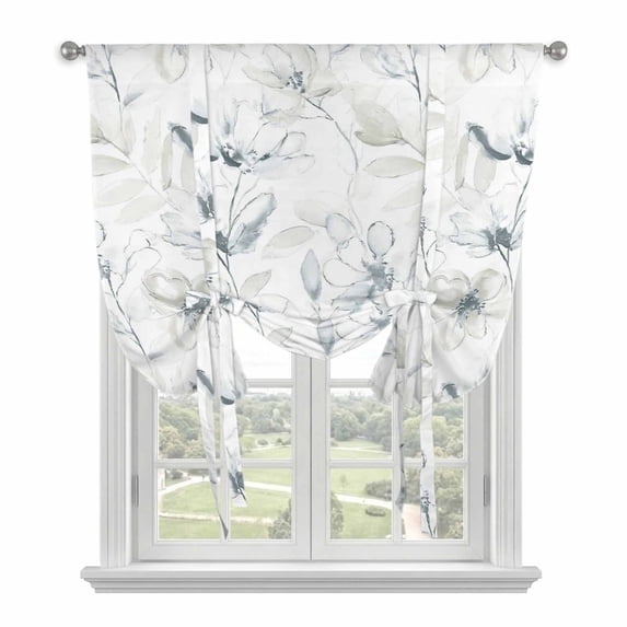 Green Beige Spring Floral Tie Up Curtains for Windows, Adjustable Balloon Window Shades, Luxury Botanical Summer Kitchen Window Treatments Adjustable Roll Up Curtain for Basement/Nursery 52"x45"