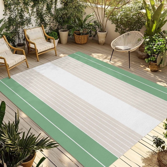 Green Beige Stripe Outdoor Rug 3x5 Ft - Reversible Patio Rug Outdoor Camping Rugs, Modern Art Horizontal Striped Washable Indoor Outdoor Area Rugs, Non-Slip Outdoor Carpet Runner for Deck/Porch