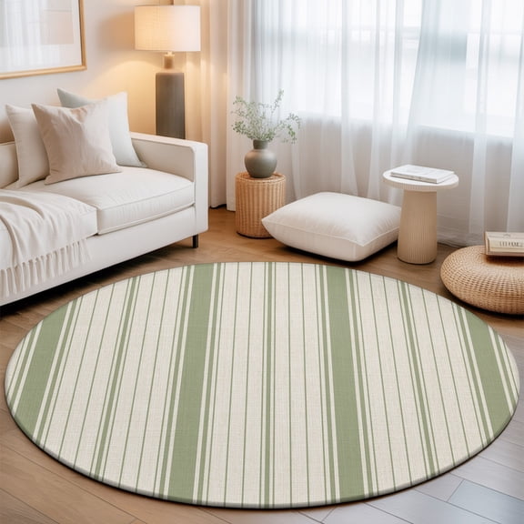 Green and Beige Striped 8' Round Rugs for Open Concept Living Room Seating Zone, Minimalist Vertical Stripe Linen Texture Washable Non Slip Mats Large Circle Lounge Area Area Rug