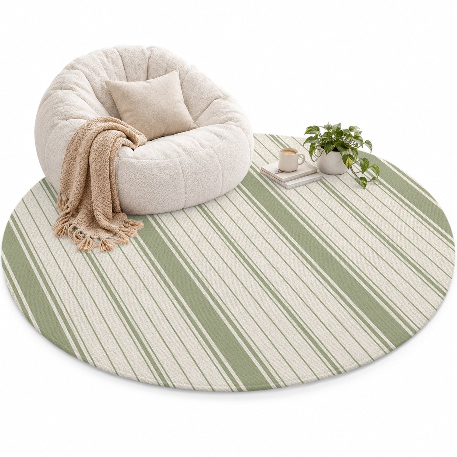 Green and Beige Striped Area Rug 5', Minimalist Vertical Stripe Linen ...