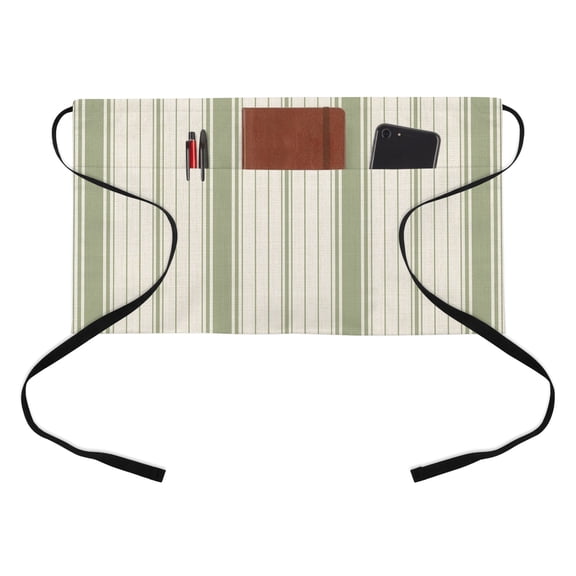 Green and Beige Striped Kitchen Restaurant Half Waist Apron, Minimalist Vertical Stripe Linen Texture Server Short Apron with 3 Pockets Waterproof Oil Waist Aprons for Women Waitress Waiter