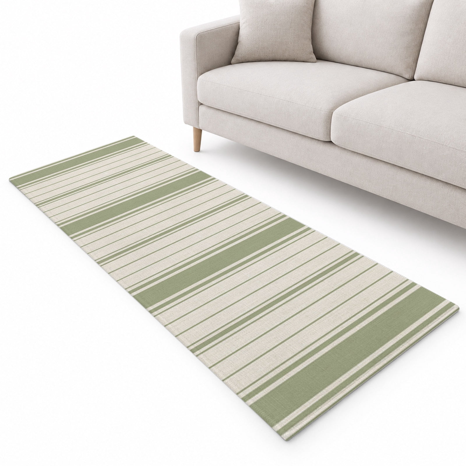 Green and Beige Striped Runner Rug 2.6'x10', Minimalist Vertical Stripe ...
