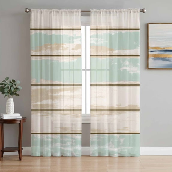 Green Beige Striped Sheer Curtains 63 Inch Length 2 Panels Set, Vintage Farmhouse Wood Grain Voile Window Treatment Rod Pocket Curtains Sheers Drapes for Bedroom/Living Room/Kitchen 52x"63"x2