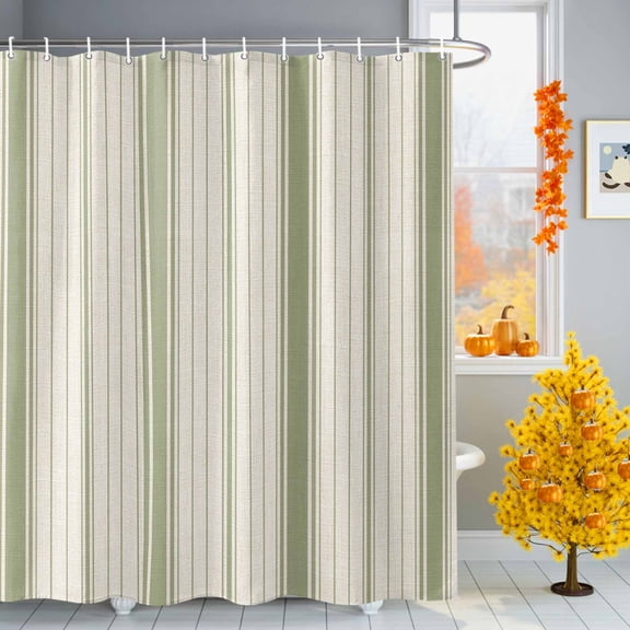 Green and Beige Striped Shower Curtain for Bathroom, Minimalist Vertical Stripe Linen Texture Waterproof Machine Washable Shower Curtain Set with Hooks, Bath Decoration for Home Bathtub Stall 36"x72"