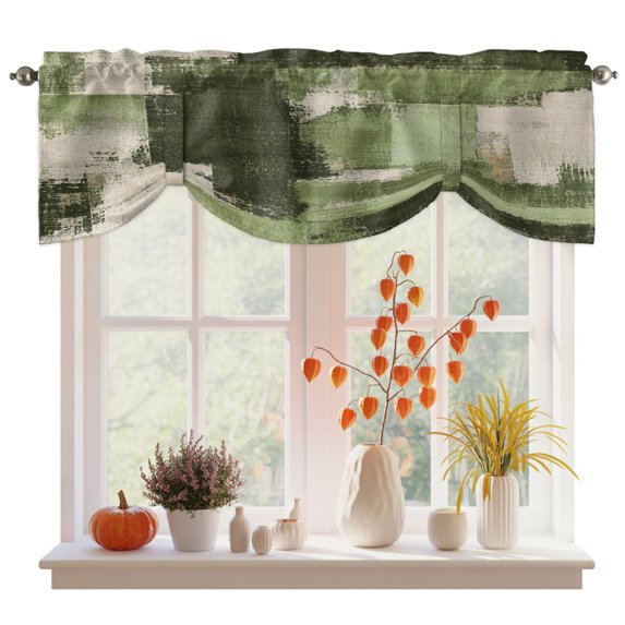 Green Beige Vintage Tie Up Valance Curtains for Windows, Kitchen Curtains Window Treatments, Modern Abstract Oil Painting Short Window Shades Valances for Bedroom Bathroom Cafe 54"x18"