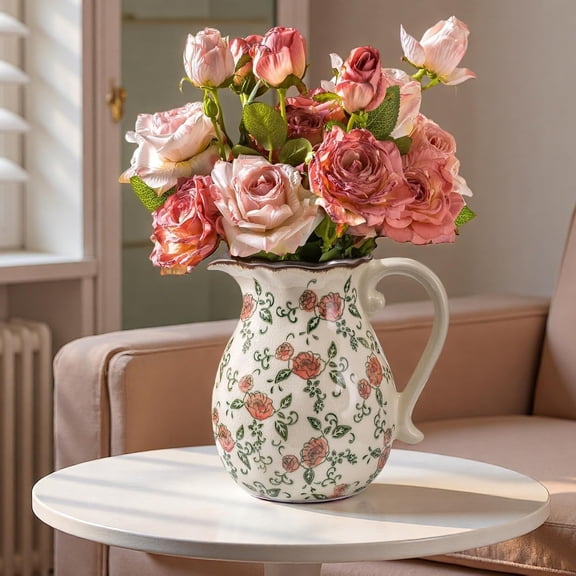 Green and Beige Vintage Vase with Handle,Red Rose Chinoiserie Vase,Farmhouse Antique Decorative Ceramic Vases for Home Decor,Bookshelf, Dining Table, Coffee Table,Mantel, Tuscan Decor (H8.05 Inch)