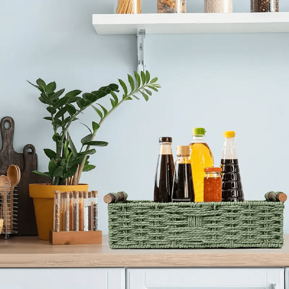OTBRZE Stackable Green Paper Rope with Wooden Handle Storage Basket, Hand Woven, Size 13.71x5.91x4.3 in, Boat Shaped