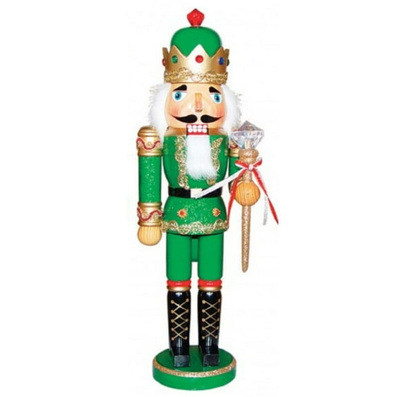 Green Bejeweled King with Staff Wooden Christmas Nutcracker 15 Inch
