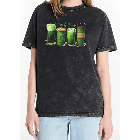 Green Beverage Clover Print Tshirt St Patricks Day Graphic Tees Festive Shirts Vintage Washed Dark Gray Casual Daily Tops S-2XL