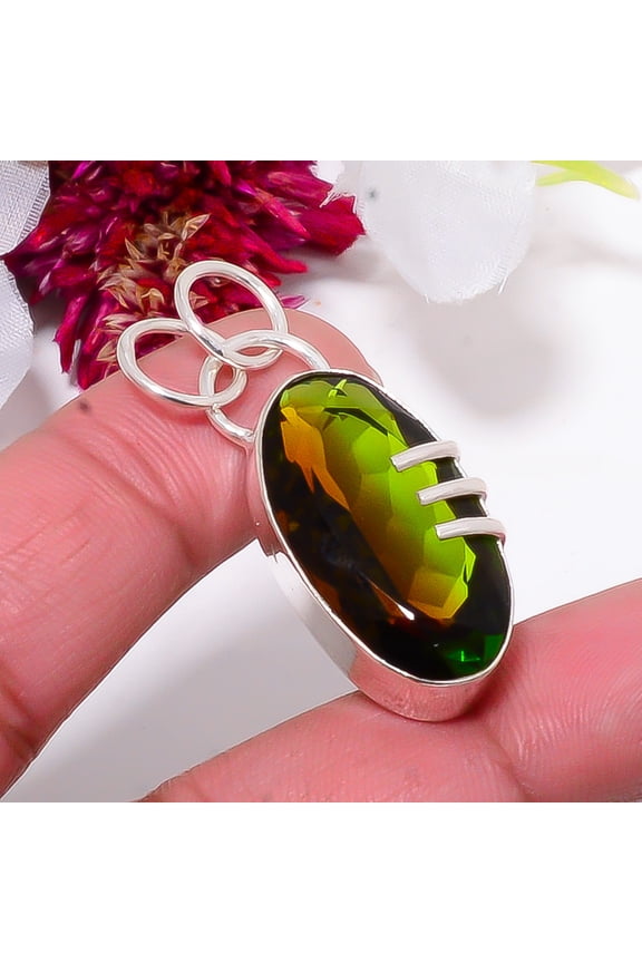 Green Bi-Colour Tourmaline Designer Handmade 925 Sterling Silver Pendant 1.48" Sku56, Green Pendant, Gemstone Pendant