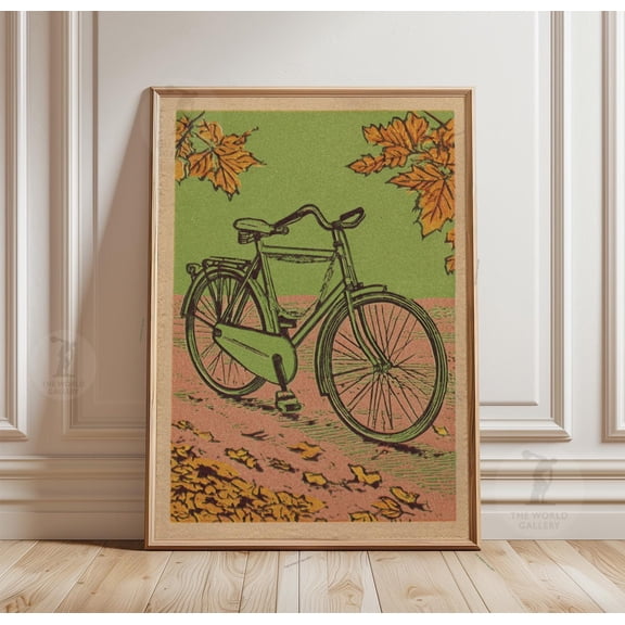 Green Bicycle Autumn Leaves Scene Linocut Style Paper Poster 2