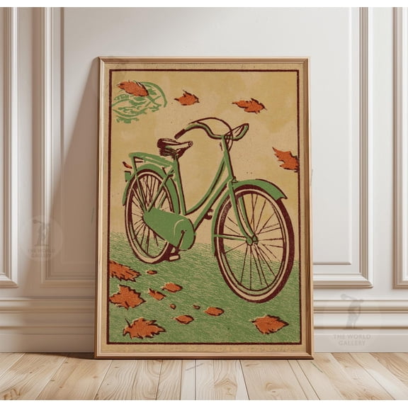 Green Bicycle Autumn Leaves Scene Linocut Style Paper Poster 3