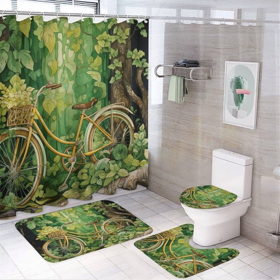 Green Bicycle with Shamrocks 4 Pcs Shower Curtain Sets with Non-Slip Rugs Toilet Lid Cover And Bath Mat Patrick's Day Spring Waterproof Fabric Bath Curtain for Bathtub Decor