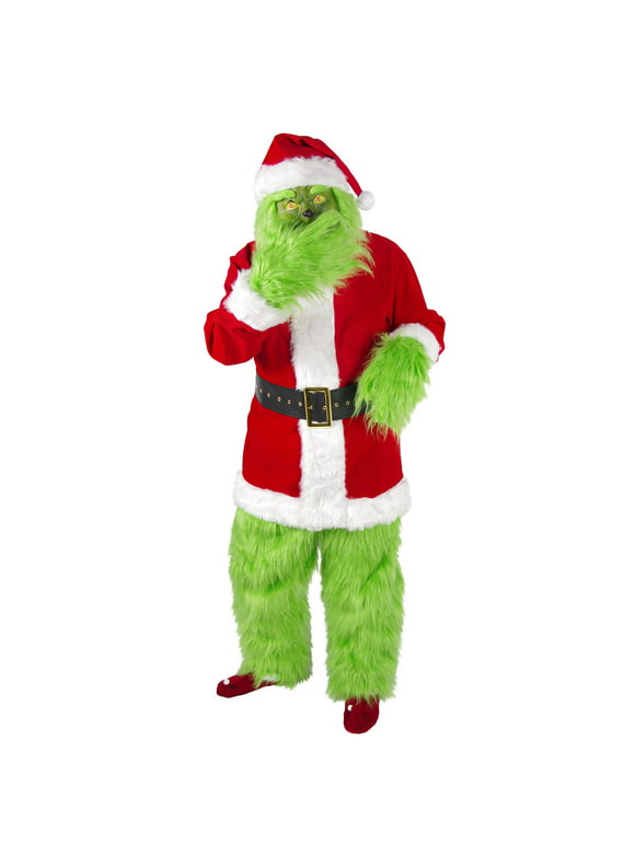 Green Big Monster Costume for Men 7pcs Christmas Deluxe Furry Adult Santa Suit Green Outfit -XXL