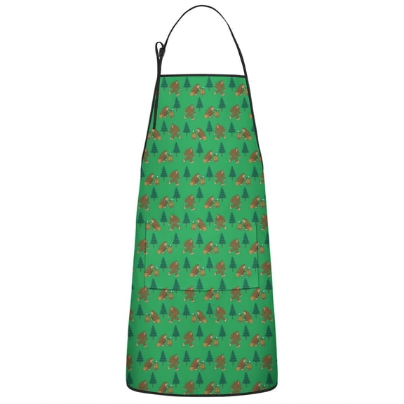 Green Bigfoot and Campfire Pattern Apron-Garden Aprons for Women with Pockets-Cotton Linen Waterproof Kitchen Cooking Gardening Aprons Adjustable for Kitchen,Cooking,BBQ and Salon 33x27 Inch
