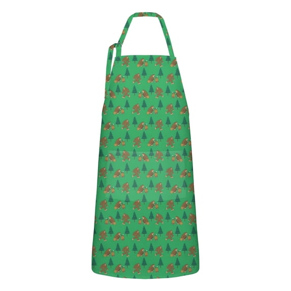Green Bigfoot and Campfire Pattern Apron-Garden Aprons for Women with Pockets-Cotton Linen Waterproof Kitchen Cooking Gardening Aprons Adjustable for Kitchen,Cooking,BBQ and Salon 33x27 Inch