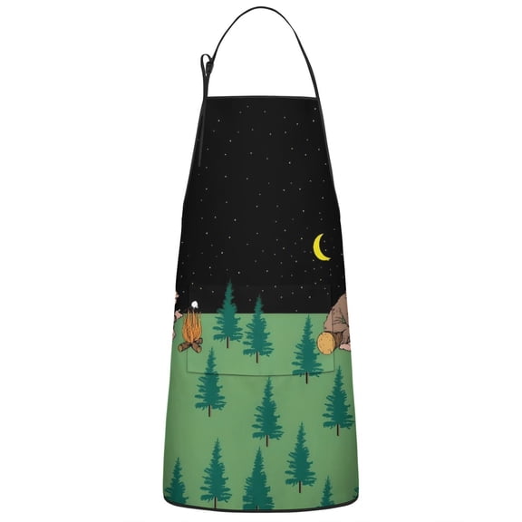 Green Bigfoot and Campfire Pattern Apron-Garden Aprons for Women with Pockets-Cotton Linen Waterproof Kitchen Cooking Gardening Aprons Adjustable for Kitchen,Cooking,BBQ and Salon 33x27 Inch