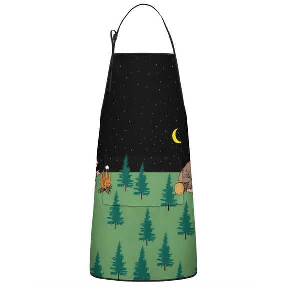 Green Bigfoot and Campfire Pattern Apron-Garden Aprons for Women with Pockets-Cotton Linen Waterproof Kitchen Cooking Gardening Aprons Adjustable for Kitchen,Cooking,BBQ and Salon 33x27 Inch