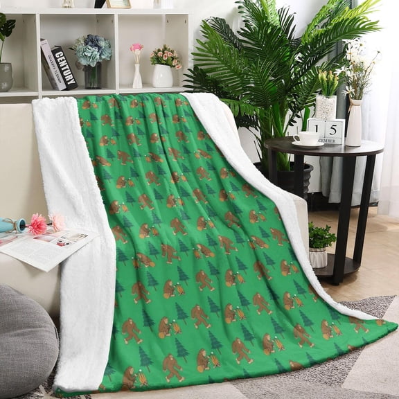Green Bigfoot and Campfire Pattern Blanket,Comfortable Soft Lamb Wool Throw Blanket,All Season,Warm Lightweight Blankets for Sofa Bed Couch Living Room Chair,60"x80"