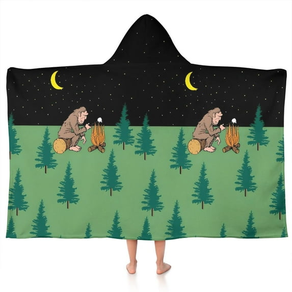 Green Bigfoot and Campfire Pattern Hooded Bath Towel,50"x30" for Ages 3 To 12 Kids, Quick Dry Lightweight Soft Microfiber Hood Beach Towel Cover Up for Kids