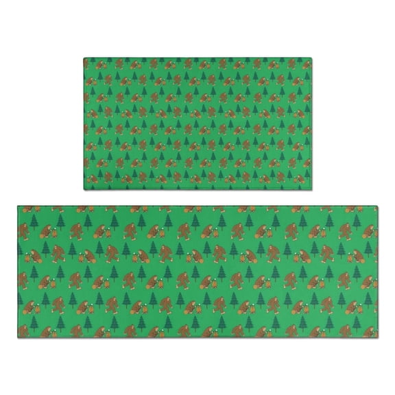 Green Bigfoot and Campfire Pattern Kitchen Rugs Sets Of 2,Anti Fatigue Kitchen Mat Rugs Non Slip Washable,Decorative Kitchen Floor Mats for Kitchen,Sink,Laundry,17"x30"+17"x47"