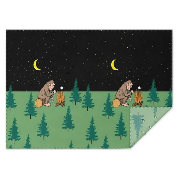 Green Bigfoot and Campfire Pattern Rectangle Tablecloth 60"x84",Waterproof Polyester Rectangle Table Cloth, Wipeable Spillproof Polyester Tablecloth for Dining, Camping, Indoor and Outdoor