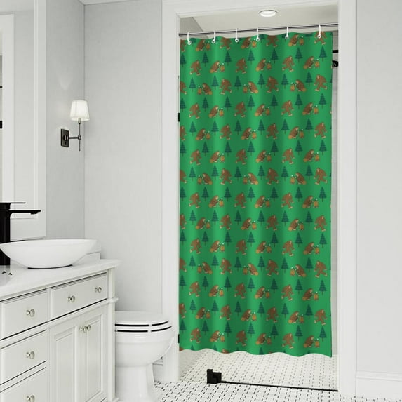 Green Bigfoot and Campfire Pattern Shower Curtain 36"x72" ,Bathroom Decorative Shower Curtains Set with 12 Hooks,Modern Waterproof Washable Shower Curtain