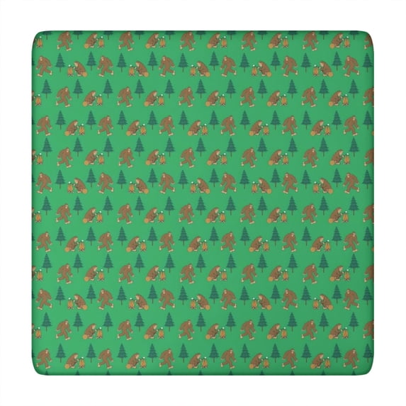 Green Bigfoot and Campfire Pattern Square Fitted Tablecloth with Elastic Edge,Square Table Cover,Washable Elastic Table Cover for Home Kitchen Party Decor 34"x34"