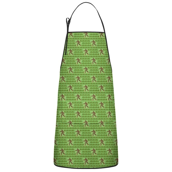 Green Bigfoot Pattern Apron-Garden Aprons for Women with Pockets-Cotton Linen Waterproof Kitchen Cooking Gardening Aprons Adjustable for Kitchen,Cooking,BBQ and Salon 33x27 Inch