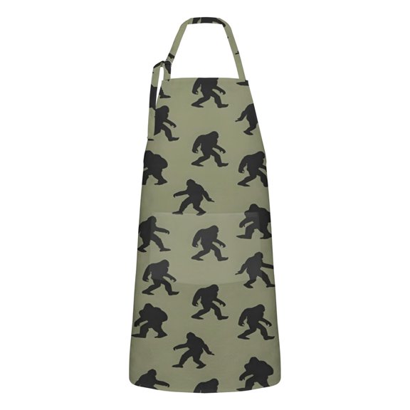 Green Bigfoot Pattern Apron-Garden Aprons for Women with Pockets-Cotton Linen Waterproof Kitchen Cooking Gardening Aprons Adjustable for Kitchen,Cooking,BBQ and Salon 33x27 Inch