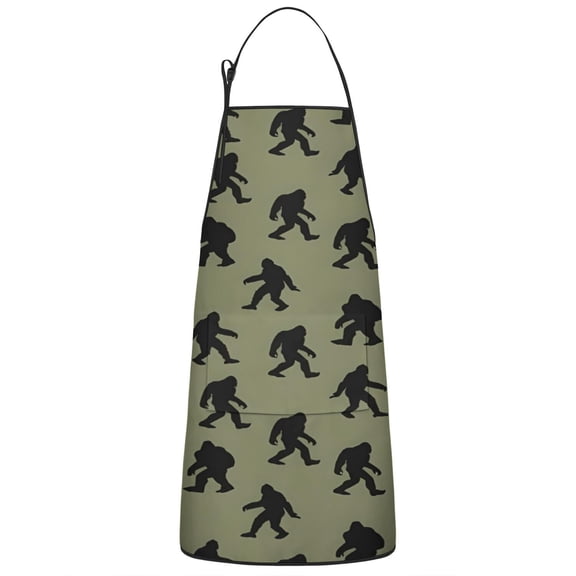 Green Bigfoot Pattern Apron-Garden Aprons for Women with Pockets-Cotton Linen Waterproof Kitchen Cooking Gardening Aprons Adjustable for Kitchen,Cooking,BBQ and Salon 33x27 Inch