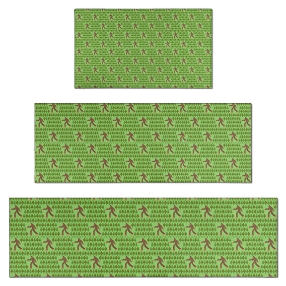 Green Bigfoot Pattern Kitchen Rugs Sets Of 3,Kitchen Runner Rugs Non Skid Washable,Decorative Kitchen Floor Mats for Kitchen,Sink,Laundry,17"x30"+ 17"x47" + 17"x59"
