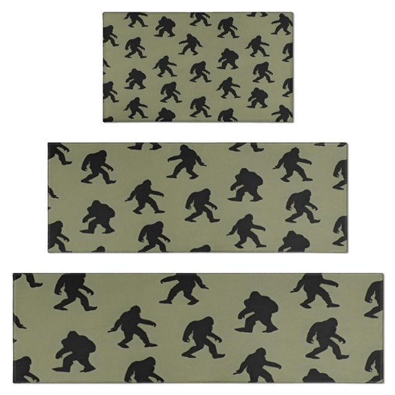 Green Bigfoot Pattern Kitchen Rugs Sets Of 3,Kitchen Runner Rugs Non Skid Washable,Decorative Kitchen Floor Mats for Kitchen,Sink,Laundry,17"x30"+ 17"x47" + 17"x59"