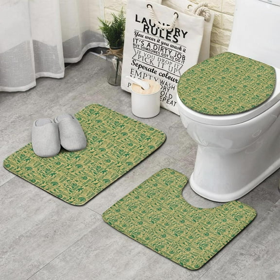 Green Bigfoot and Text Pattern Bathroom Rugs Sets 3 Piece,Toilet Cover Set,Absorbent Non Slip Bathroom Mats Sets with U-Shaped Contour Rug Toilet Rug Set