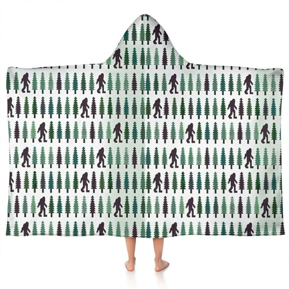 Green Bigfoot and Tree Pattern Hooded Bath Towel,50"x30" for Ages 3 To 12 Kids, Quick Dry Lightweight Soft Microfiber Hood Beach Towel Cover Up for Kids