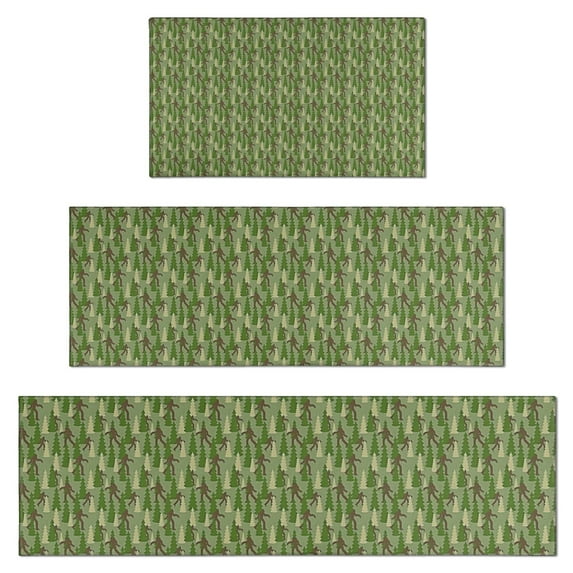 Green Bigfoot and Tree Pattern Kitchen Rugs Sets Of 3,Kitchen Runner Rugs Non Skid Washable,Decorative Kitchen Floor Mats for Kitchen,Sink,Laundry,17"x30"+ 17"x47" + 17"x59"