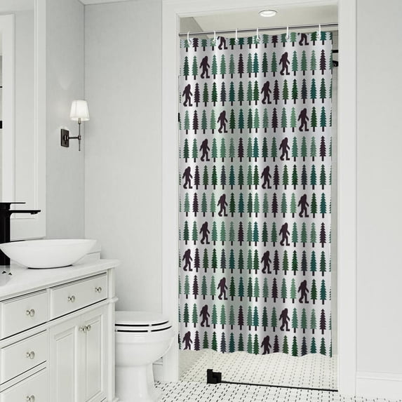 Green Bigfoot and Tree Pattern Shower Curtain 36"x72" ,Bathroom Decorative Shower Curtains Set with 12 Hooks,Modern Waterproof Washable Shower Curtain