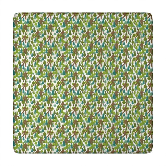 Green Bigfoot and Tree Pattern Square Fitted Tablecloth with Elastic Edge,Square Table Cover,Washable Elastic Table Cover for Home Kitchen Party Decor 34"x34"