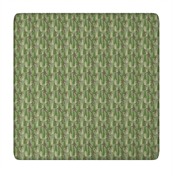 Green Bigfoot and Tree Pattern Square Fitted Tablecloth with Elastic Edge,Square Table Cover,Washable Elastic Table Cover for Home Kitchen Party Decor 34"x34"