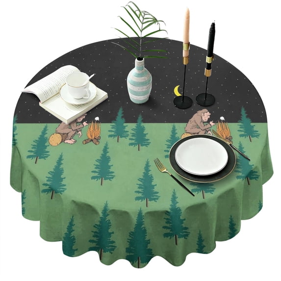 Green Bigfoot and Campfire Pattern Round Tablecloth 60"x60",Wrinkle Wipeable Table Cloth for Kitchen Dining Room Picnic Patio Party