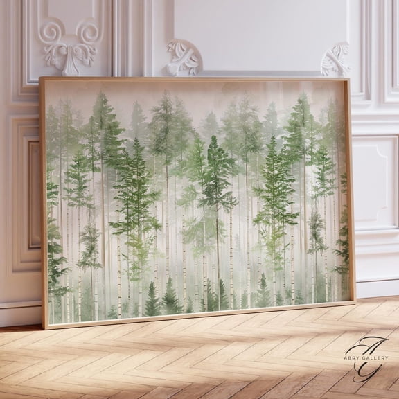 Green Birch Tree Forest Poster: Minimalist Nature Wall Art, Stretched Canvas Size 12x18
