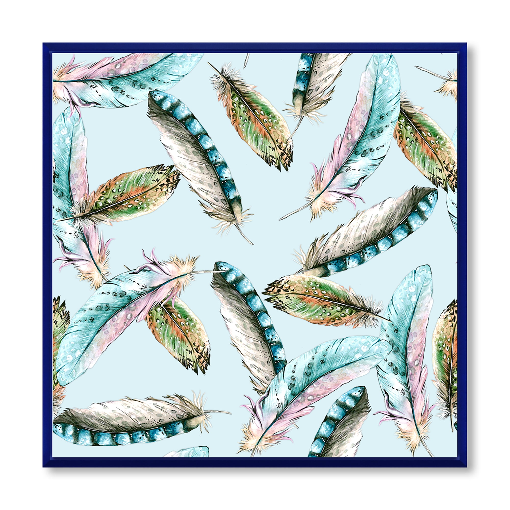 Green Bird Feathers On Blue Background 30 in x 30 in Framed Painting Canvas Art Print, by Designart