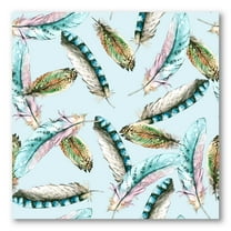 Green Bird Feathers On Blue Background 30 in x 30 in Painting Canvas Art Print, by Designart