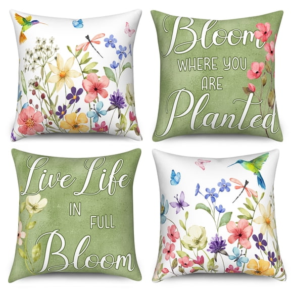 Green Bird Pillow Covers Green Farmhouse Square Outdoor Linen Pillow Case for Home Couch Bedroom,18x18,Set of 4