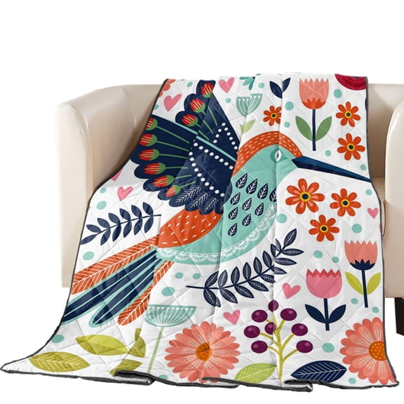 Green Birds Quilted Comforters Cooling Blanket King Size, Nordic Style Folk Art Red Pink Tulips Daisy Flower Leaf Cold Comfort for Hot Sleepers Lightweight Air Conditioning Quilt Blanket for Bed