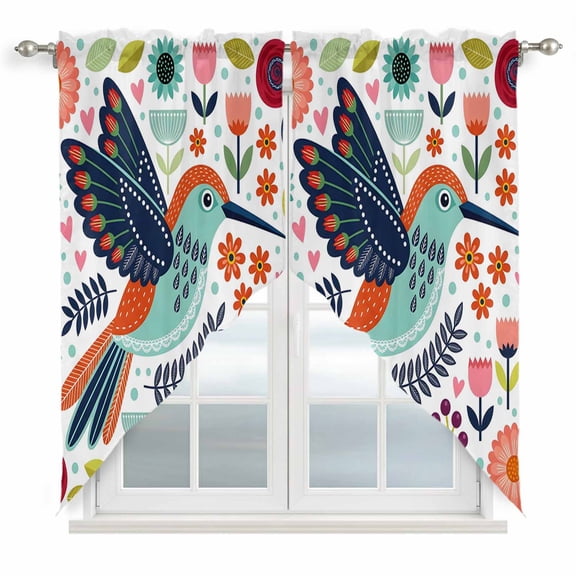 Green Birds Swag Valances for Windows 2 Pack Nordic Style Folk Art Red Pink Tulips Daisy Flower Leaf Swag Kitchen Curtains 63 Inches Long Rod Pocket Short Window Curtain for Kitchen Bathroom 36"x63"